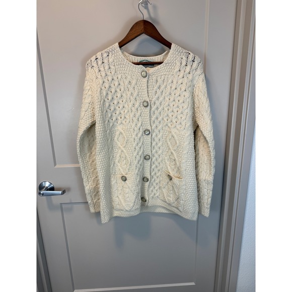 Vintage NWOT Aran Crafts Merino Wool Cable Knit Cardigan Cream Ivory Size Medium - Picture 4 of 7